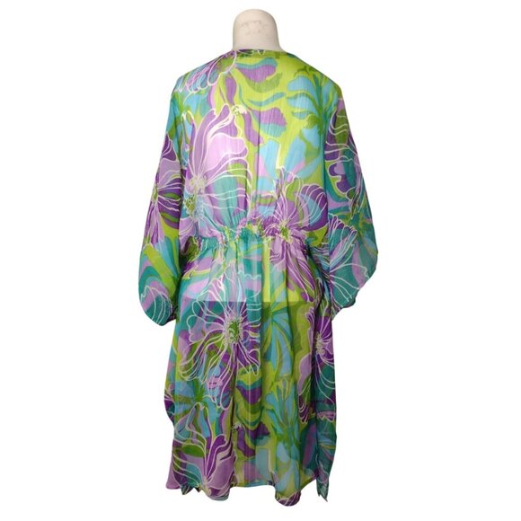 Kohinoor Embellished Kimono Swim Cover Up One Size Sheer Beach Tropical Flowy - Picture 4 of 5